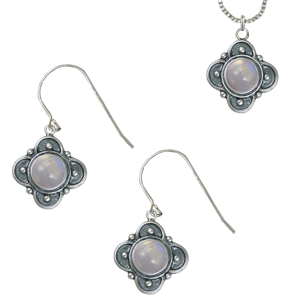 Sterling Silver Necklace Earrings Set Rainbow Moonstone